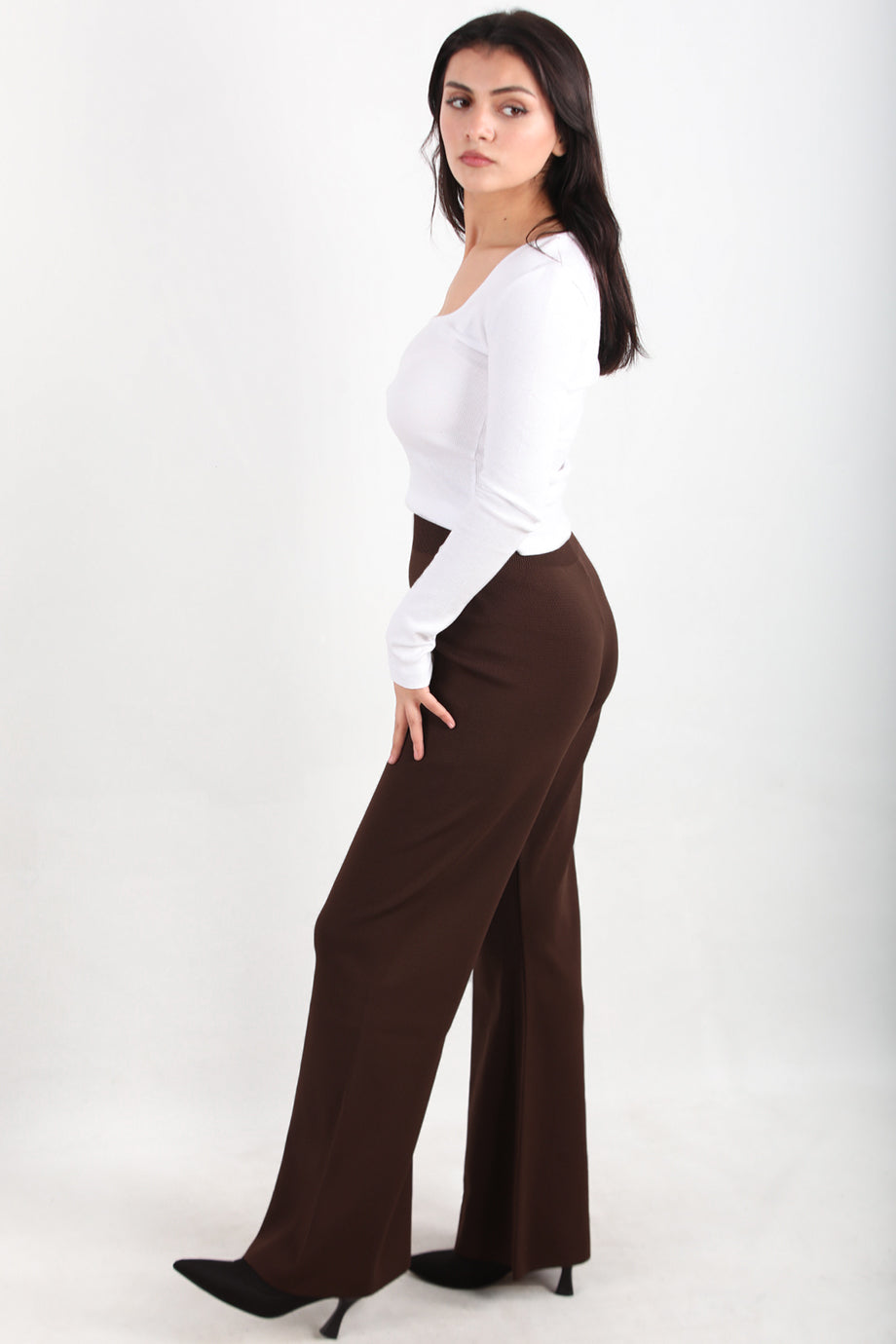 Flareknit  Kadın İspanyol Paça Triko Pantolon Kahverengi