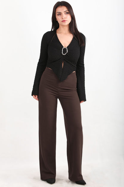 Noircrepe Kadın Yüksek Bel Krep Pantolon Kahverengi