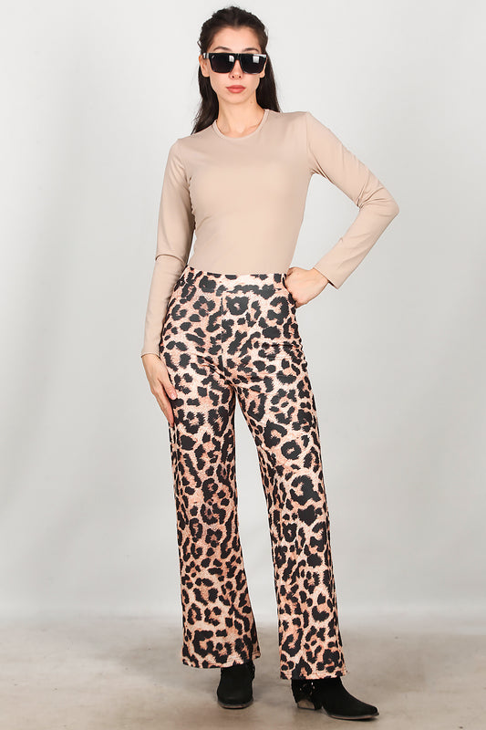 Kadın Leopar Desenli Pantolon Bej