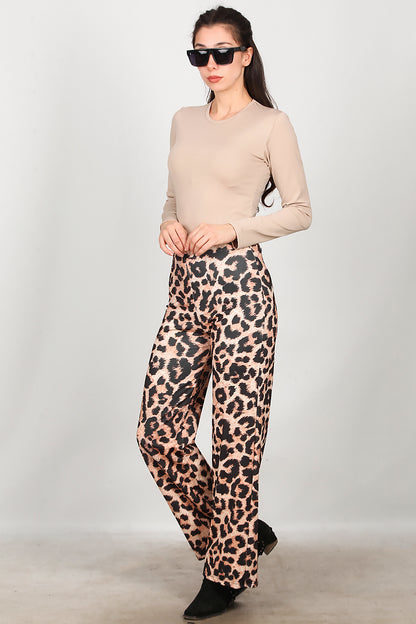 Kadın Leopar Desenli Pantolon Bej