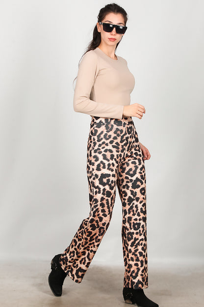 Kadın Leopar Desenli Pantolon Bej