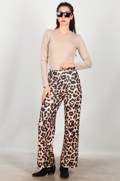 Kadın Leopar Desenli Pantolon Bej