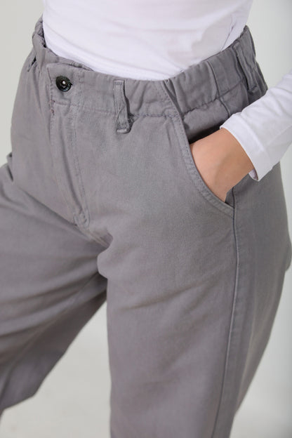 Kadın Bol Paça Lastikli Gabardin Pantolon Gri