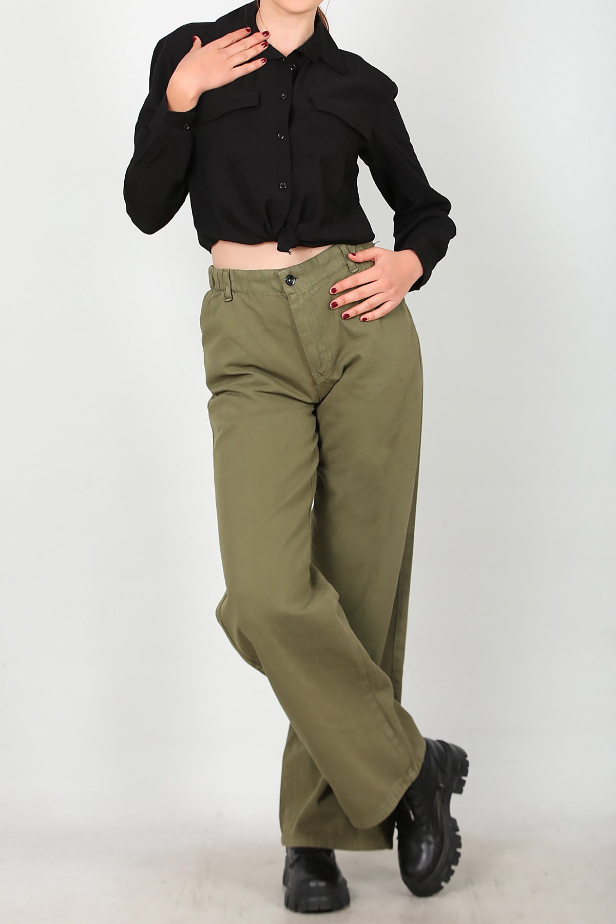 Kadın Bol Paça Lastikli Gabardin Pantolon Yeşil
