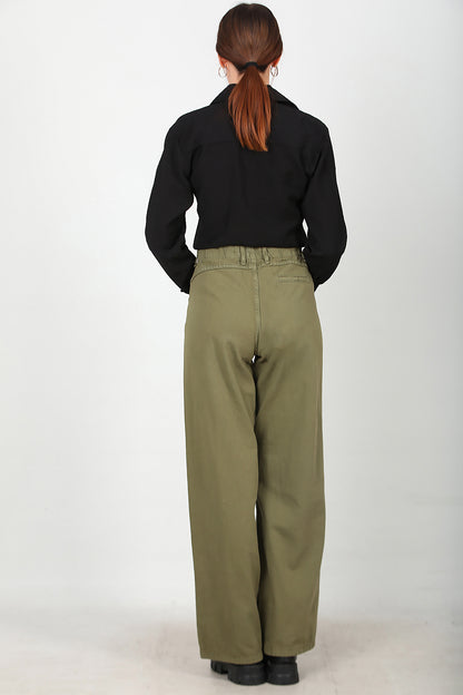 Kadın Bol Paça Lastikli Gabardin Pantolon Yeşil