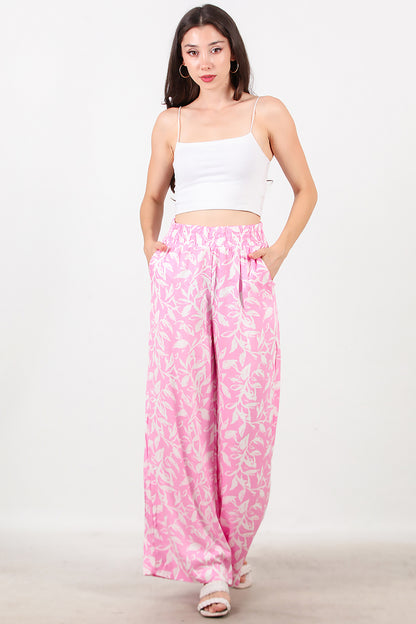 Kadın Desenli Bol Paça Pantolon Pembe