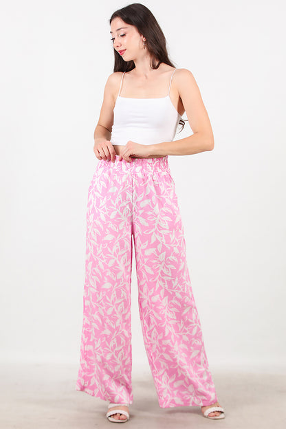 Kadın Desenli Bol Paça Pantolon Pembe