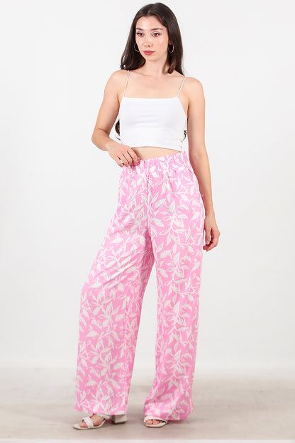 Kadın Desenli Bol Paça Pantolon Pembe