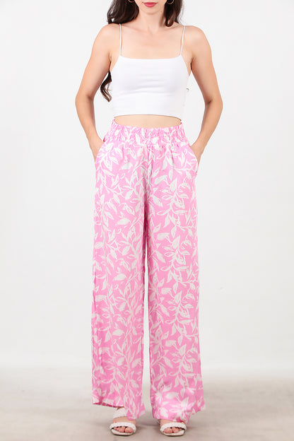 Kadın Desenli Bol Paça Pantolon Pembe