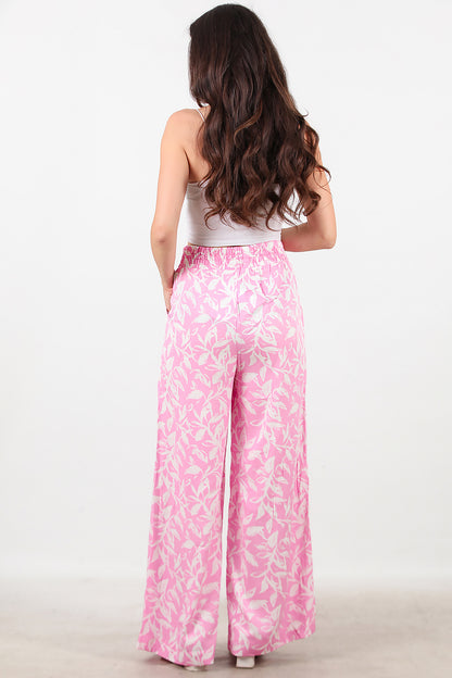 Kadın Desenli Bol Paça Pantolon Pembe