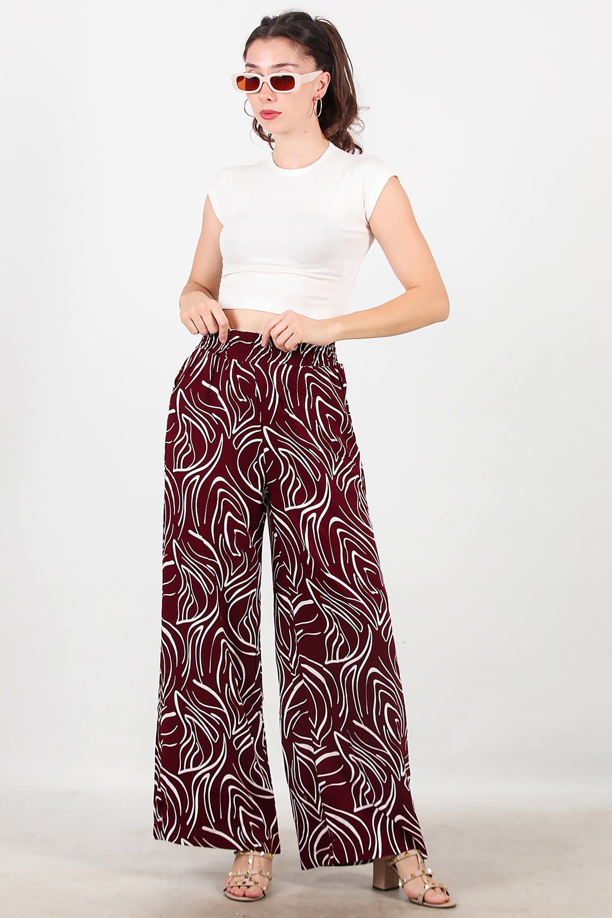 Kadın Desenli Bol Paça Pantolon Bordo
