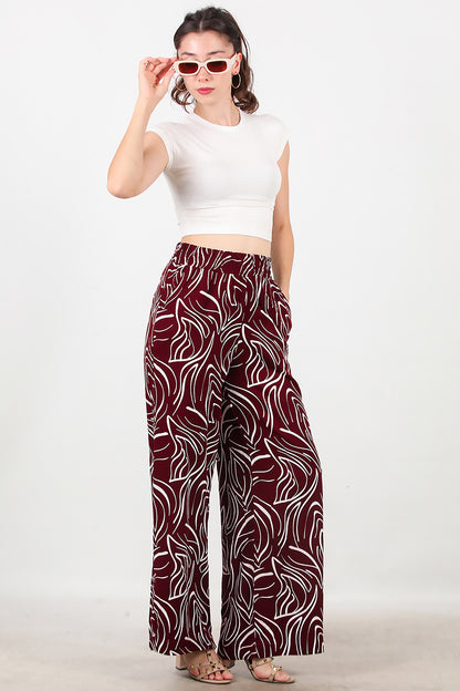 Kadın Desenli Bol Paça Pantolon Bordo