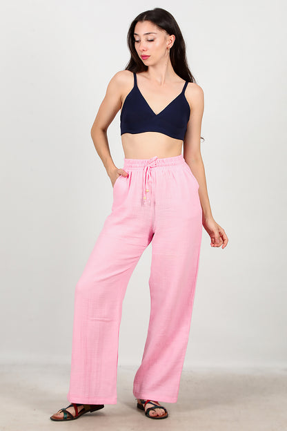 Kadın Geniş Paça İnce Keten Pantolon Pembe