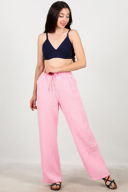 Kadın Geniş Paça İnce Keten Pantolon Pembe