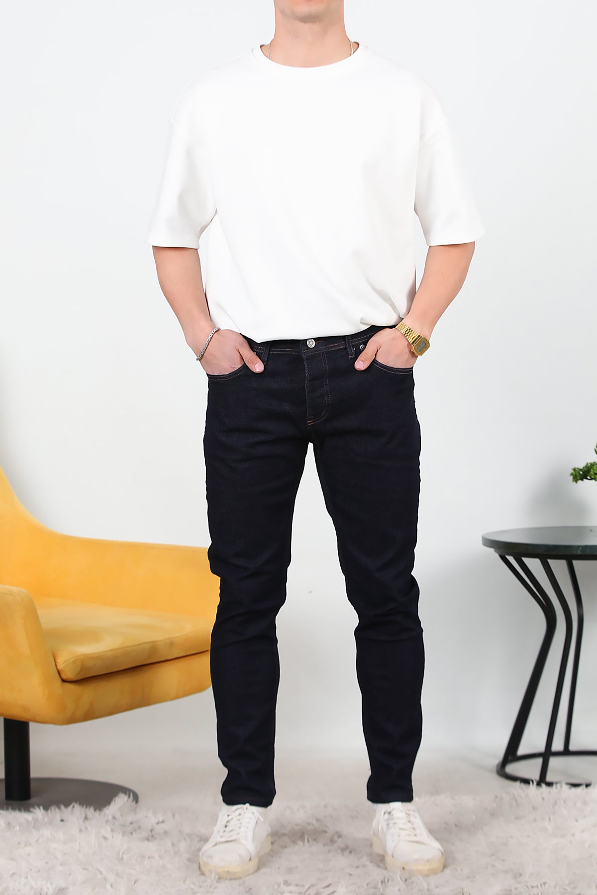 Erkek Sliim Fit Dar Paça Kot Pantolon Koyu Lacivert