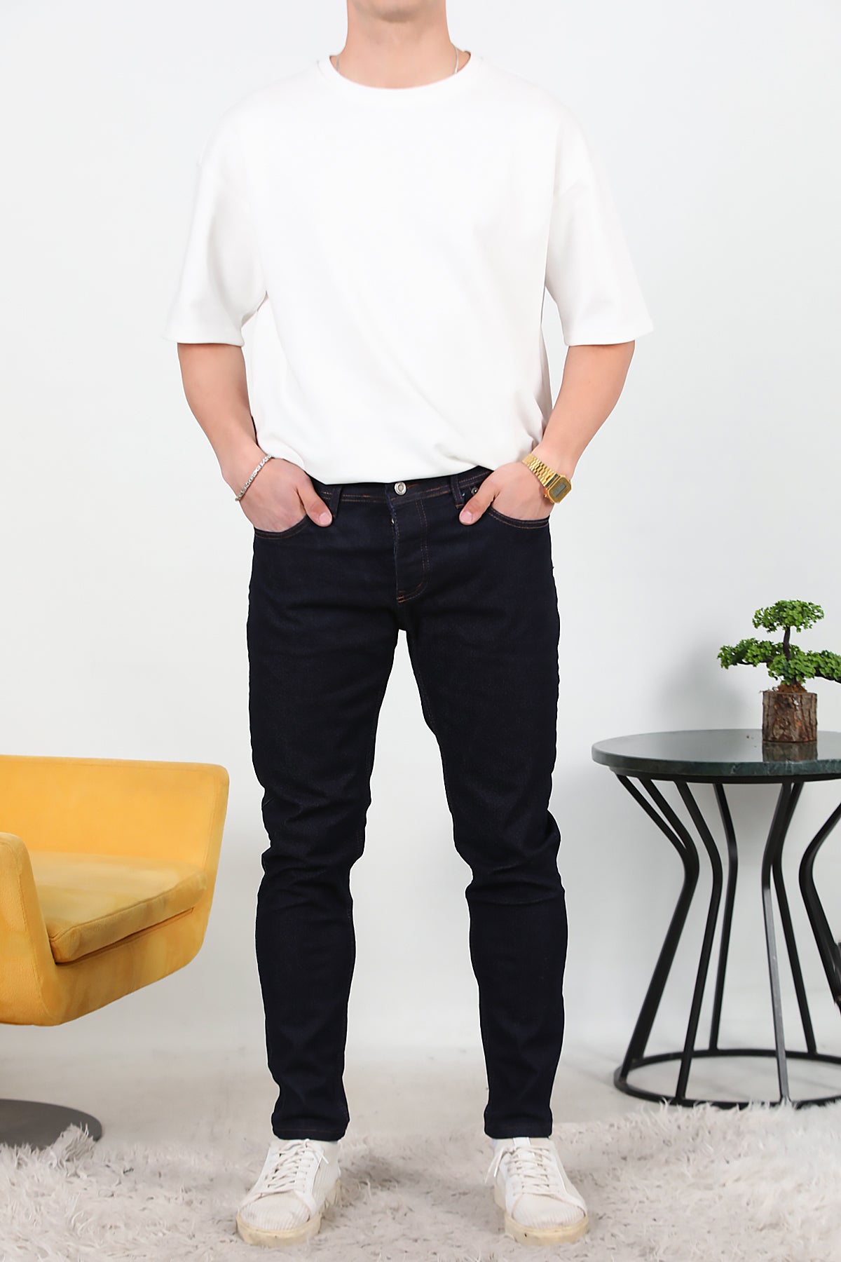 Erkek Sliim Fit Dar Paça Kot Pantolon Koyu Lacivert