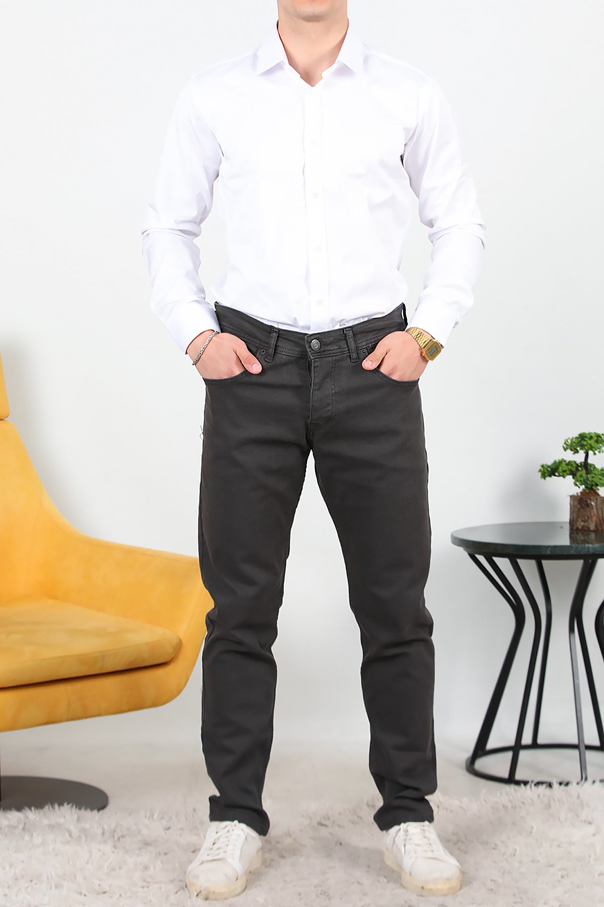 Erkek Slim Likralı Kot Pantolon Füme