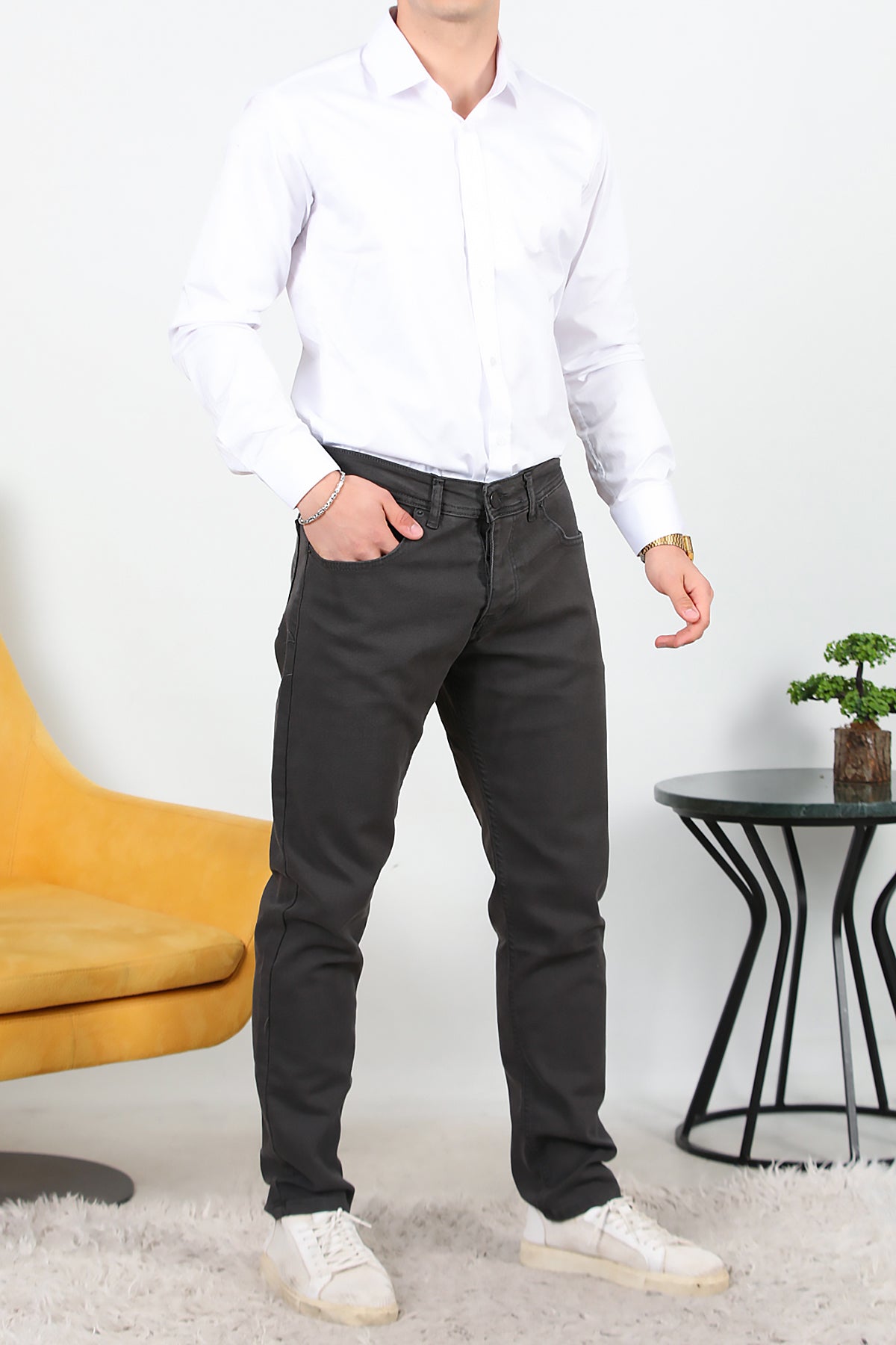 Erkek Slim Likralı Kot Pantolon Füme