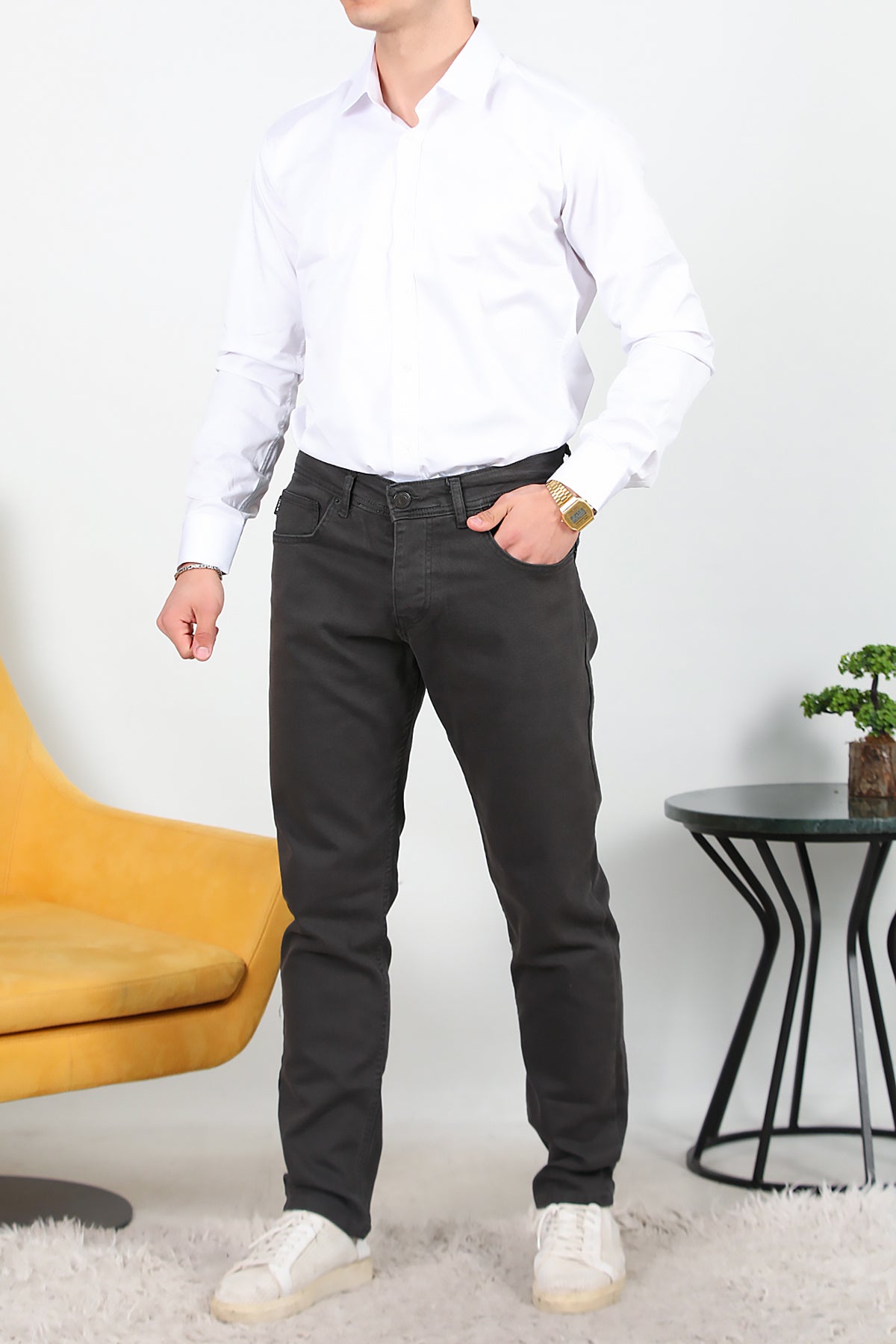 Erkek Slim Likralı Kot Pantolon Füme
