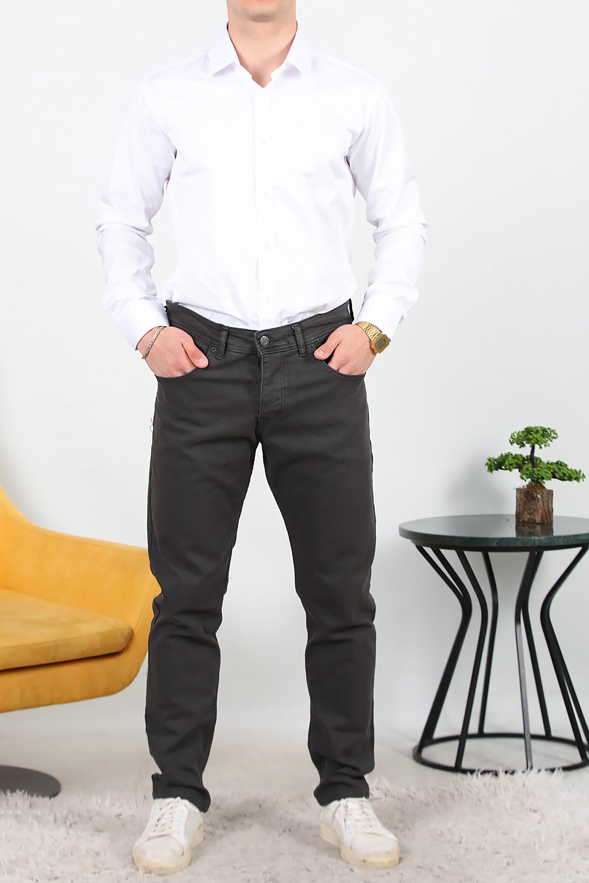 Erkek Slim Likralı Kot Pantolon Füme