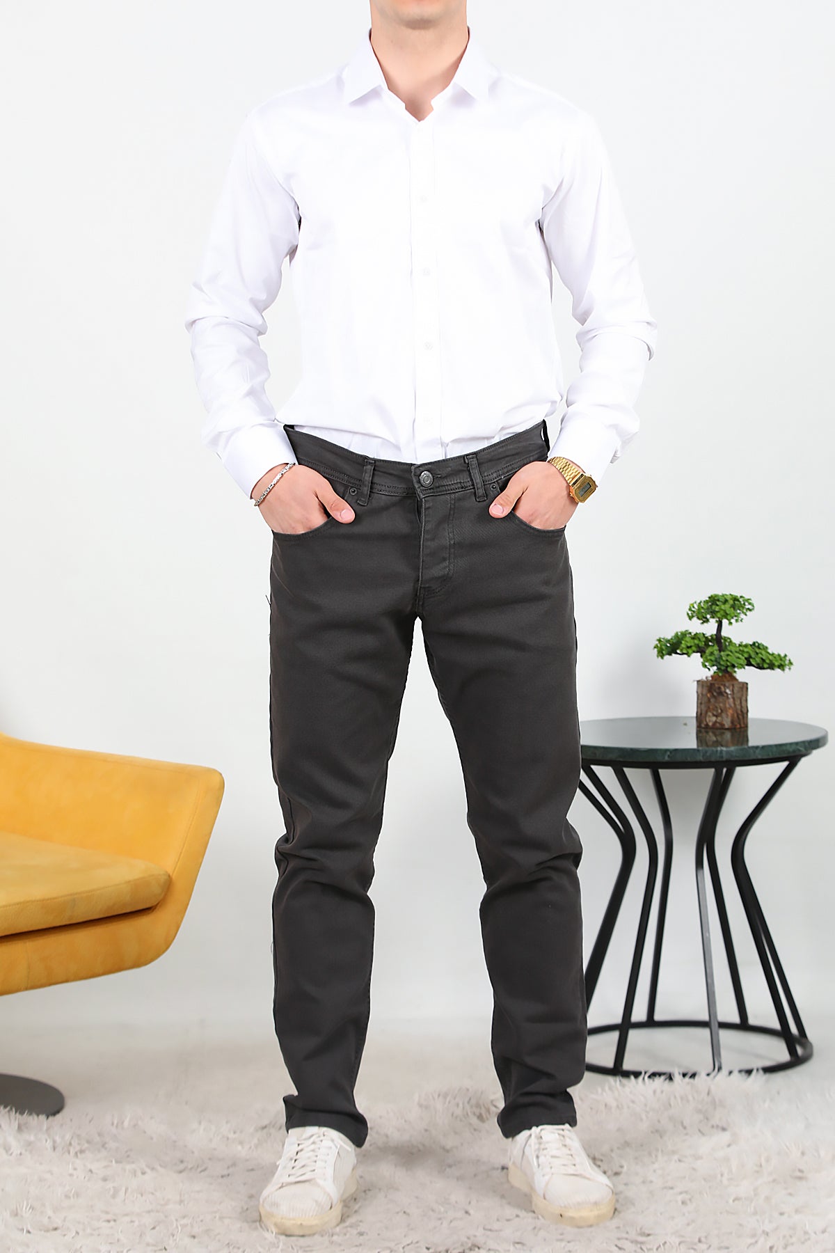Erkek Slim Likralı Kot Pantolon Füme