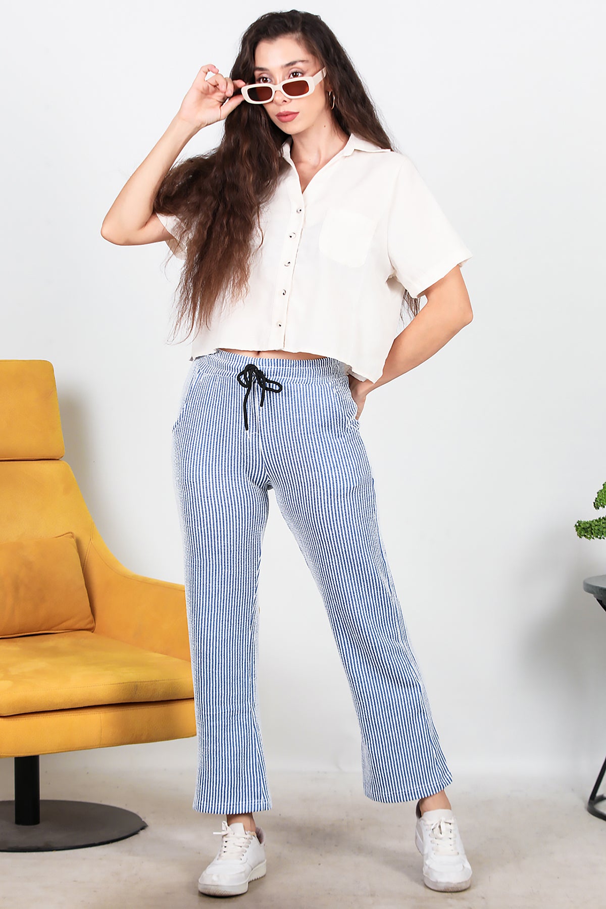 Kadın Çizgili Pantolon Saks