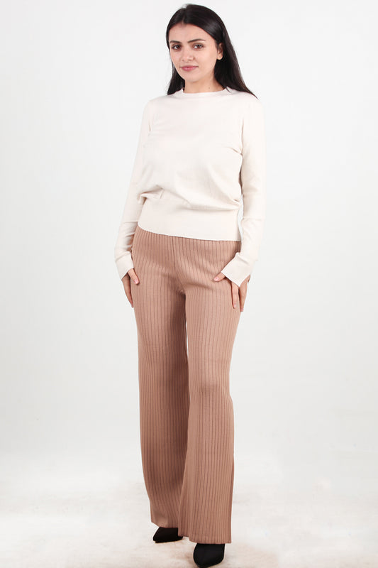 Ribbera Kadın Bol Paça Fitilli Pantolon Bej