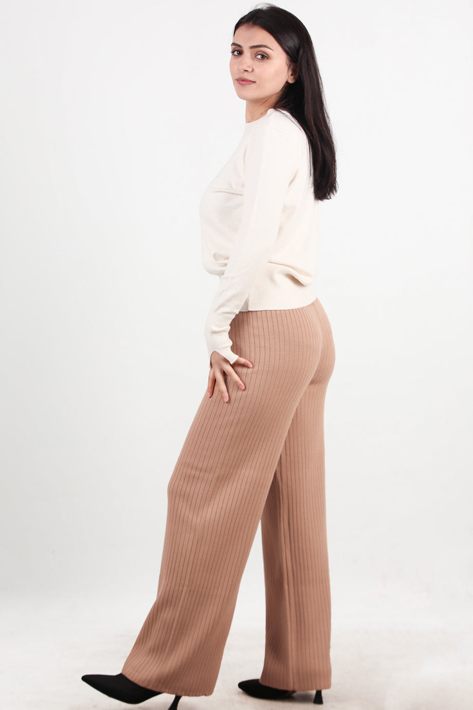 Ribbera Kadın Bol Paça Fitilli Pantolon Bej