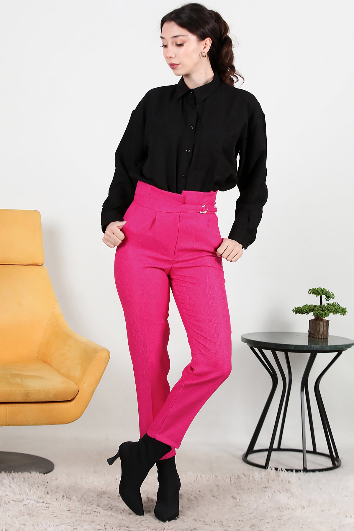 Kadın Kendinden Kemerli Pantolon Pembe