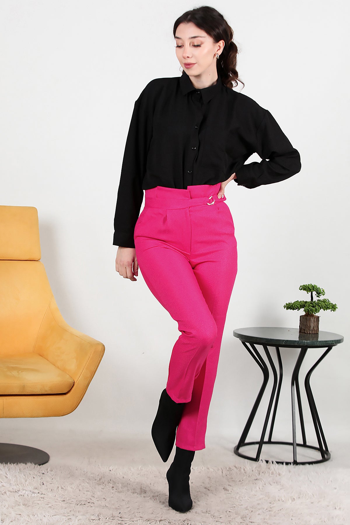 Kadın Kendinden Kemerli Pantolon Pembe