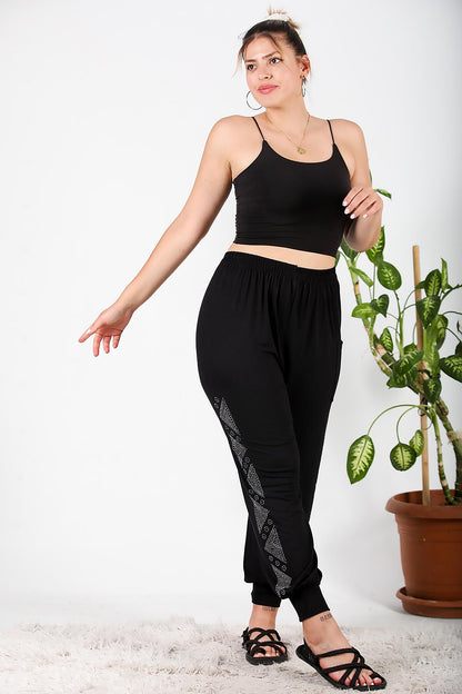 Büyük Beden Yanları Taşlı Şalvar Siyah