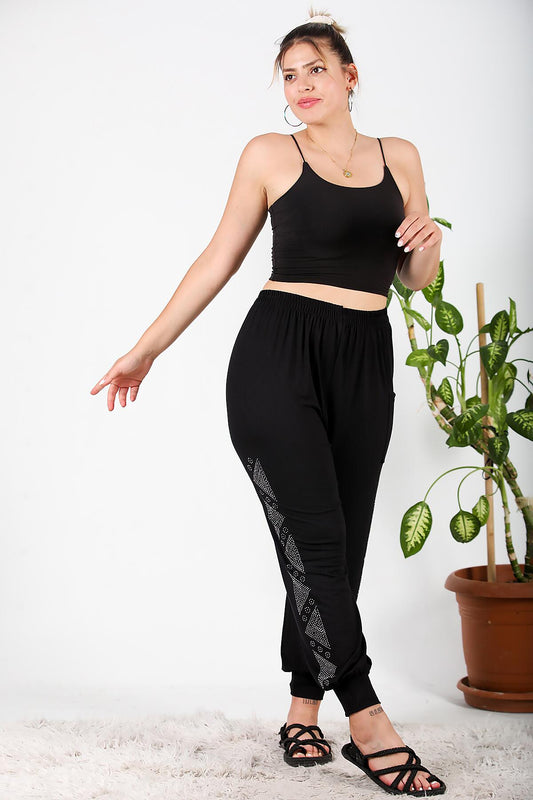 Büyük Beden Yanları Taşlı Şalvar Siyah