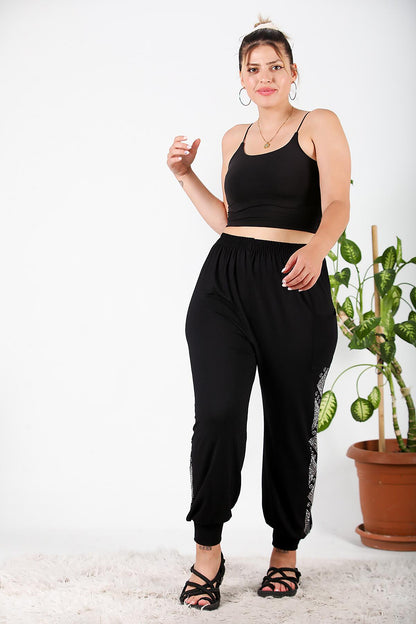 Büyük Beden Yanları Taşlı Şalvar Siyah