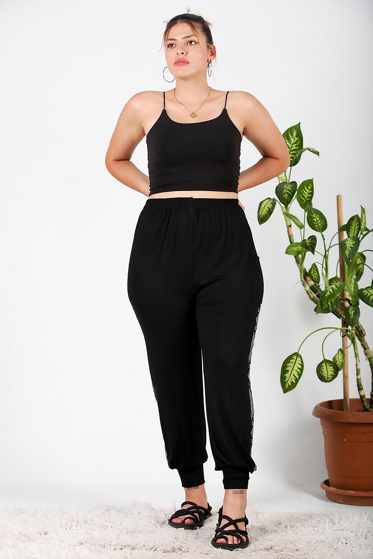 Büyük Beden Yanları Taşlı Şalvar Siyah