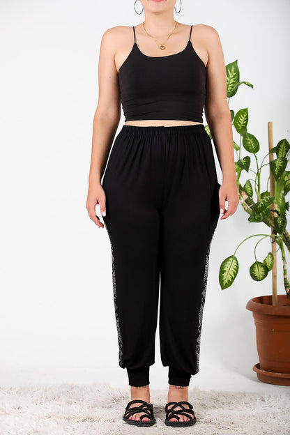 Büyük Beden Yanları Taşlı Şalvar Siyah