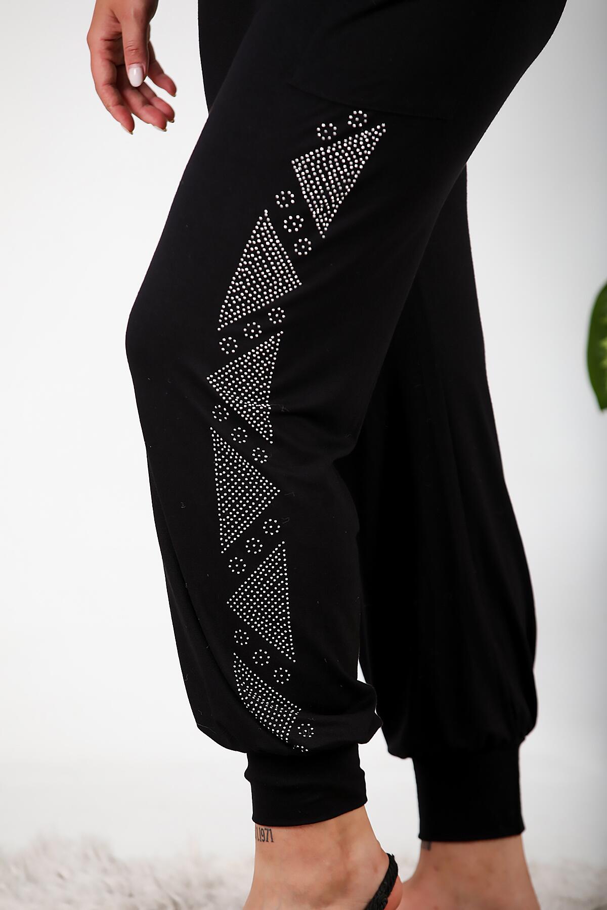 Büyük Beden Yanları Taşlı Şalvar Siyah