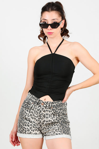 Kadın Leoparlı Kot Şort Leopar