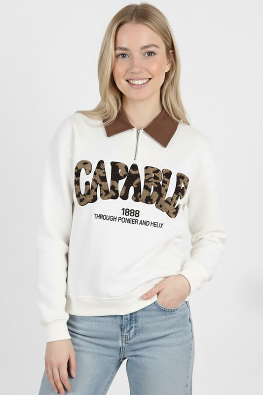 Capable Kadın Yarım Fermuar Yakalı Önü Yazılı Sweat Ekru