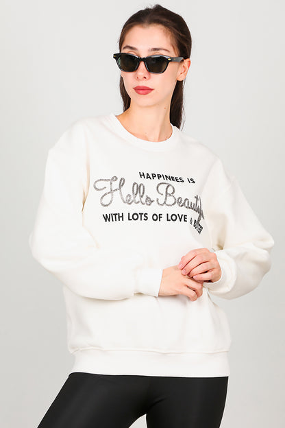 Kadın Yazı Detay Şardonlu Sweat Ekru