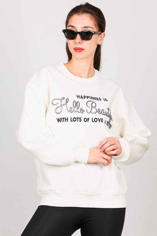 Kadın Yazı Detay Şardonlu Sweat Ekru