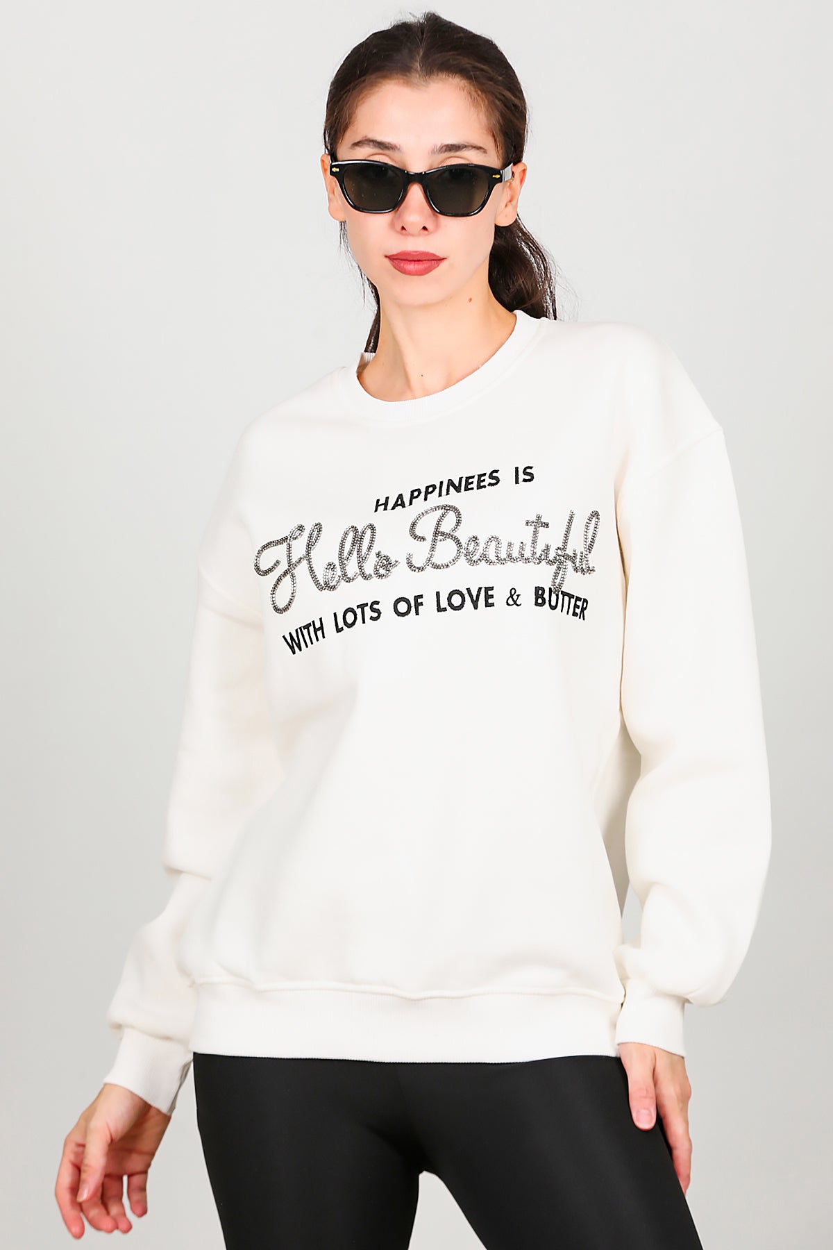 Kadın Yazı Detay Şardonlu Sweat Ekru