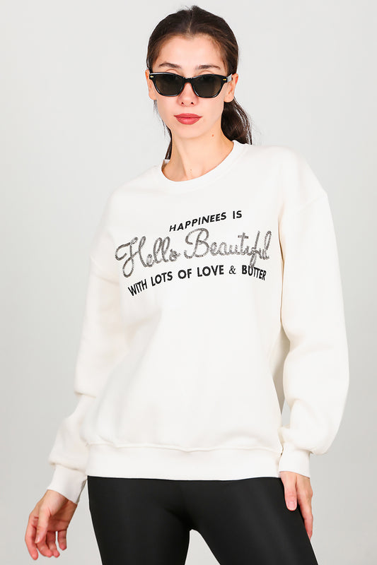 Kadın Yazı Detay Şardonlu Sweat Ekru