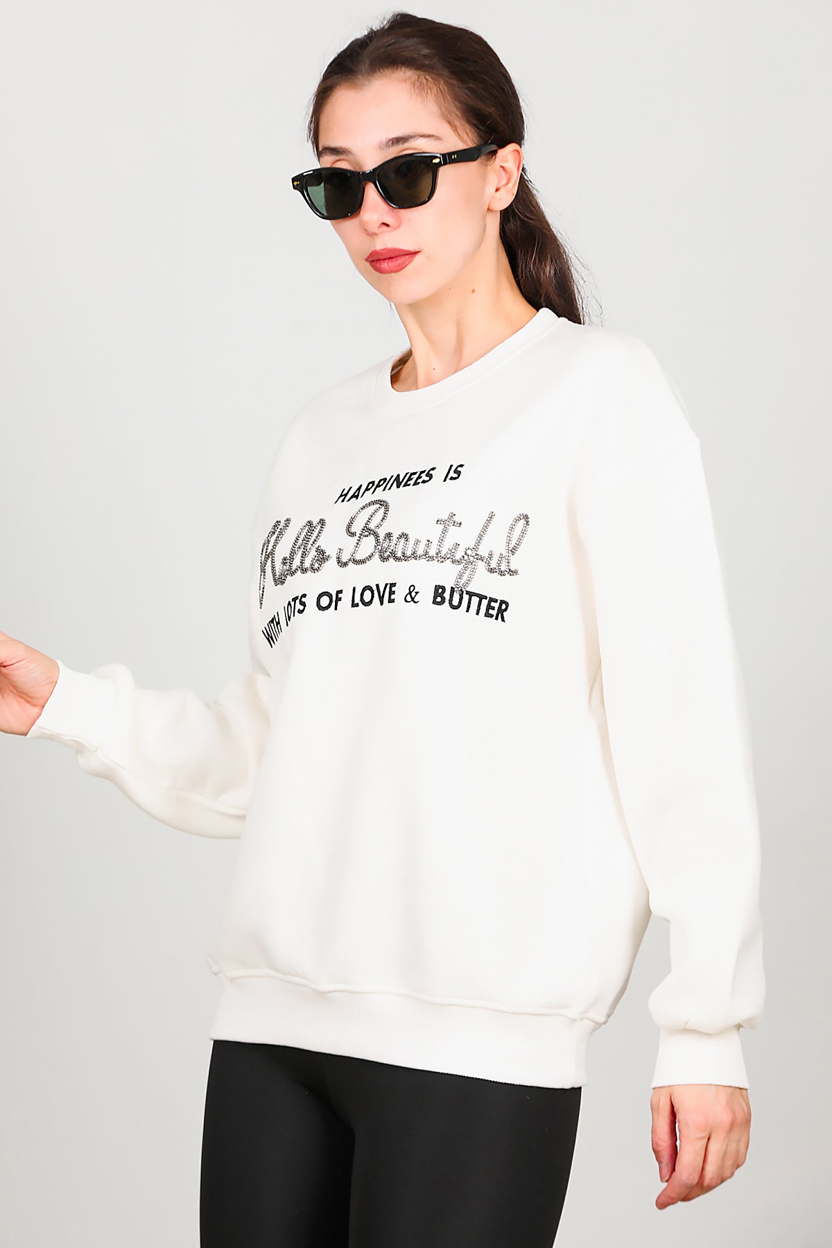 Kadın Yazı Detay Şardonlu Sweat Ekru