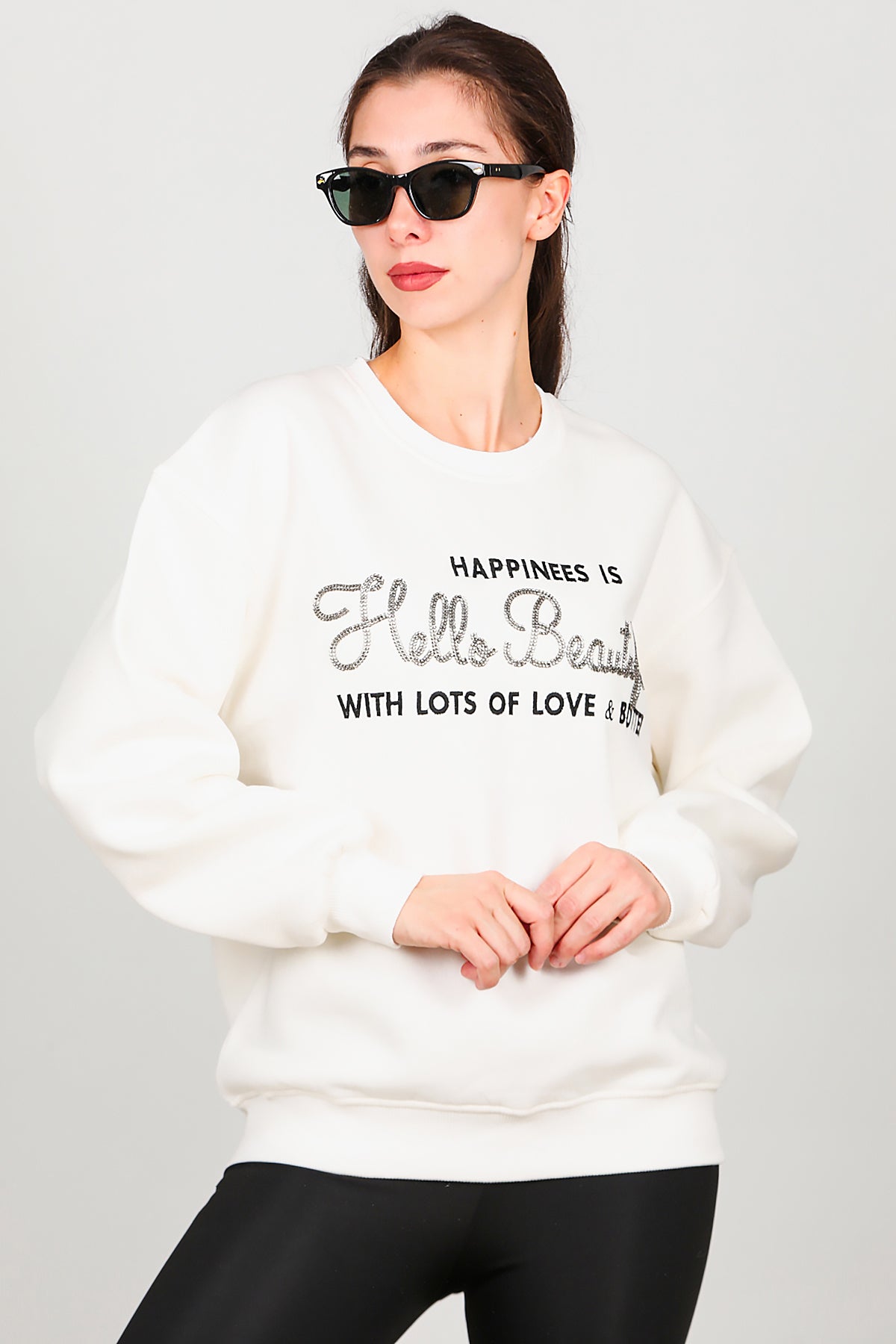 Kadın Yazı Detay Şardonlu Sweat Ekru