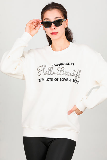 Kadın Yazı Detay Şardonlu Sweat Ekru