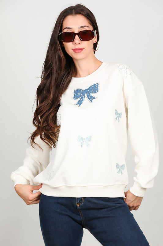 Kadın Bisiklet Yaka Kurdeleli Sweat Ekru