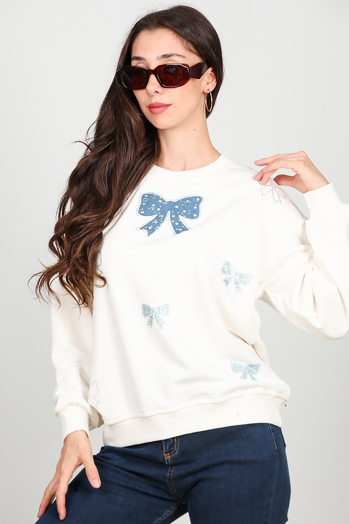 Kadın Bisiklet Yaka Kurdeleli Sweat Ekru