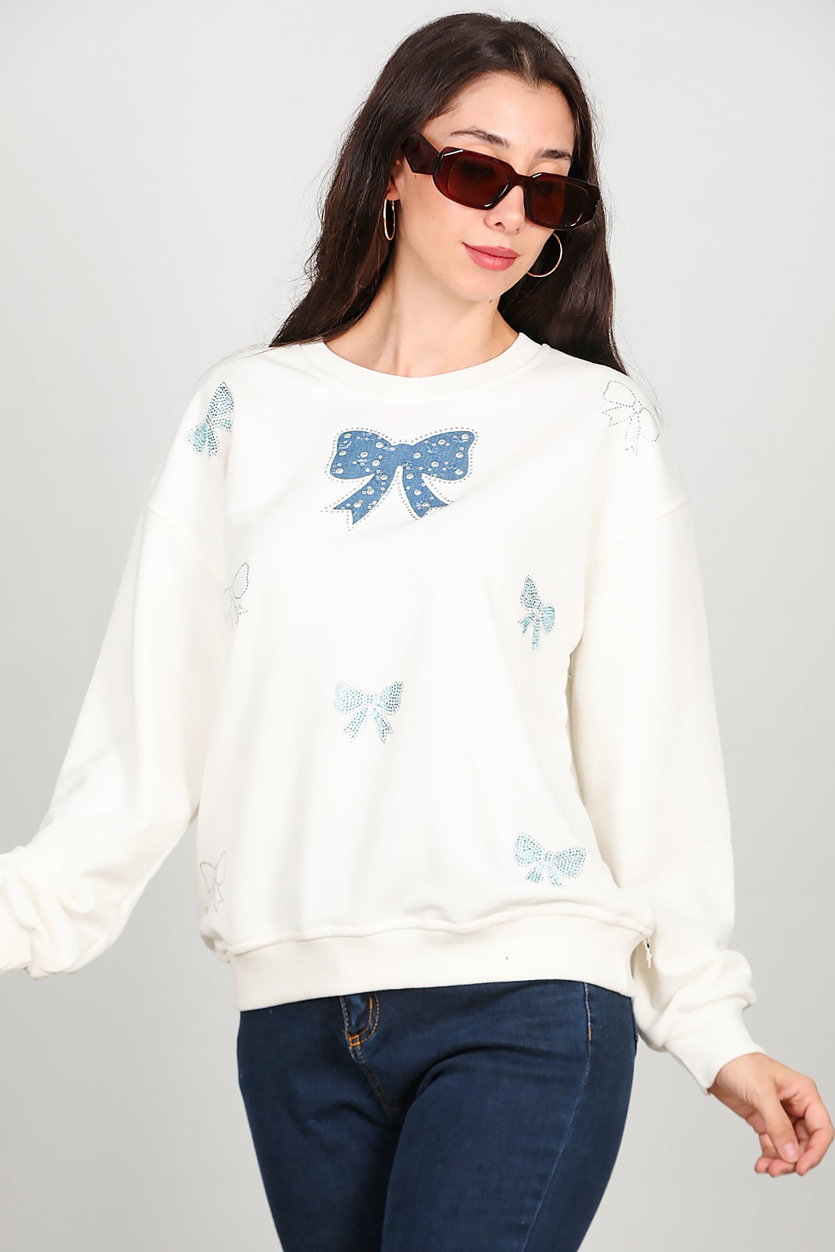 Kadın Bisiklet Yaka Kurdeleli Sweat Ekru