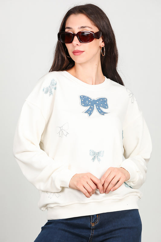 Kadın Bisiklet Yaka Kurdeleli Sweat Ekru