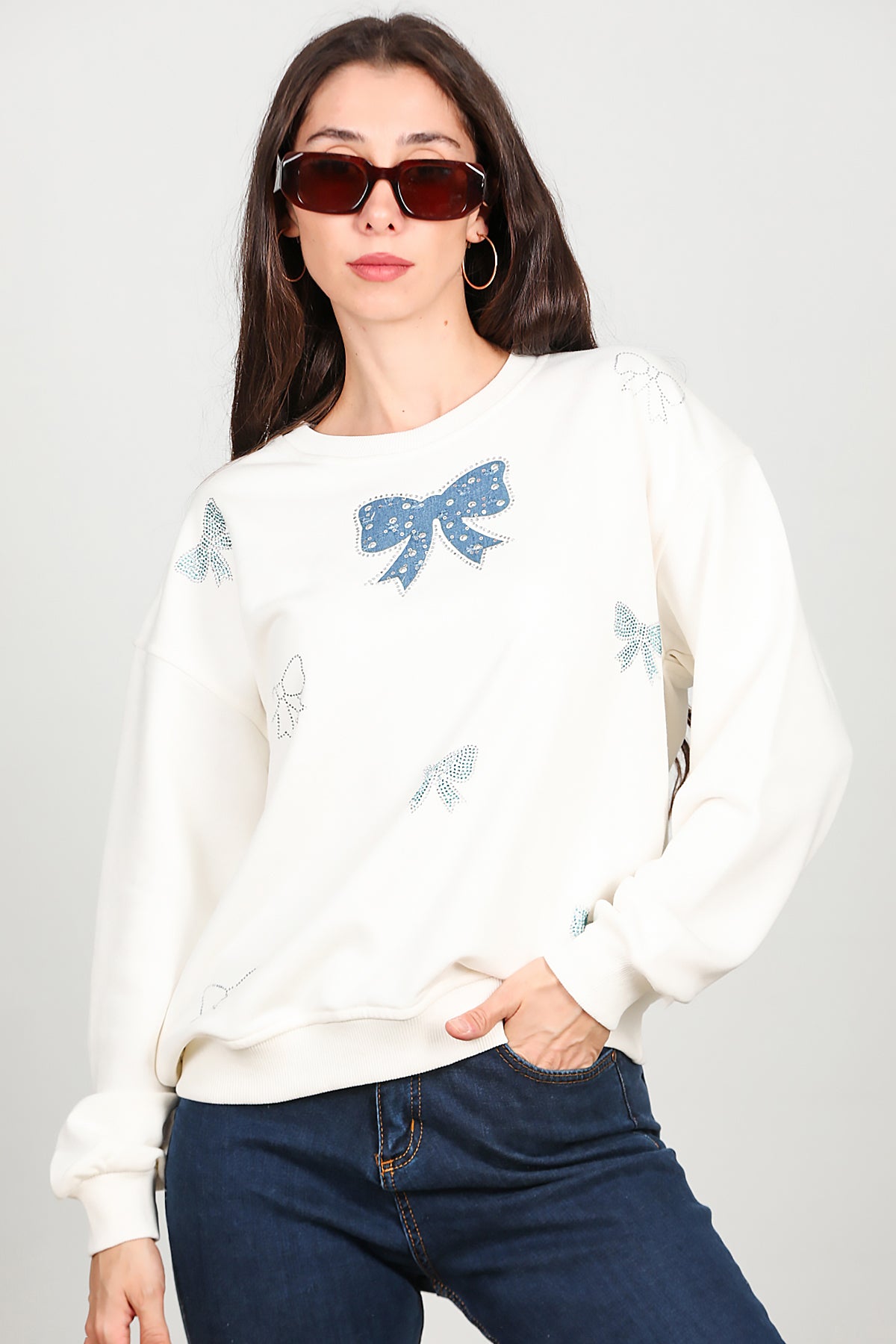 Kadın Bisiklet Yaka Kurdeleli Sweat Ekru